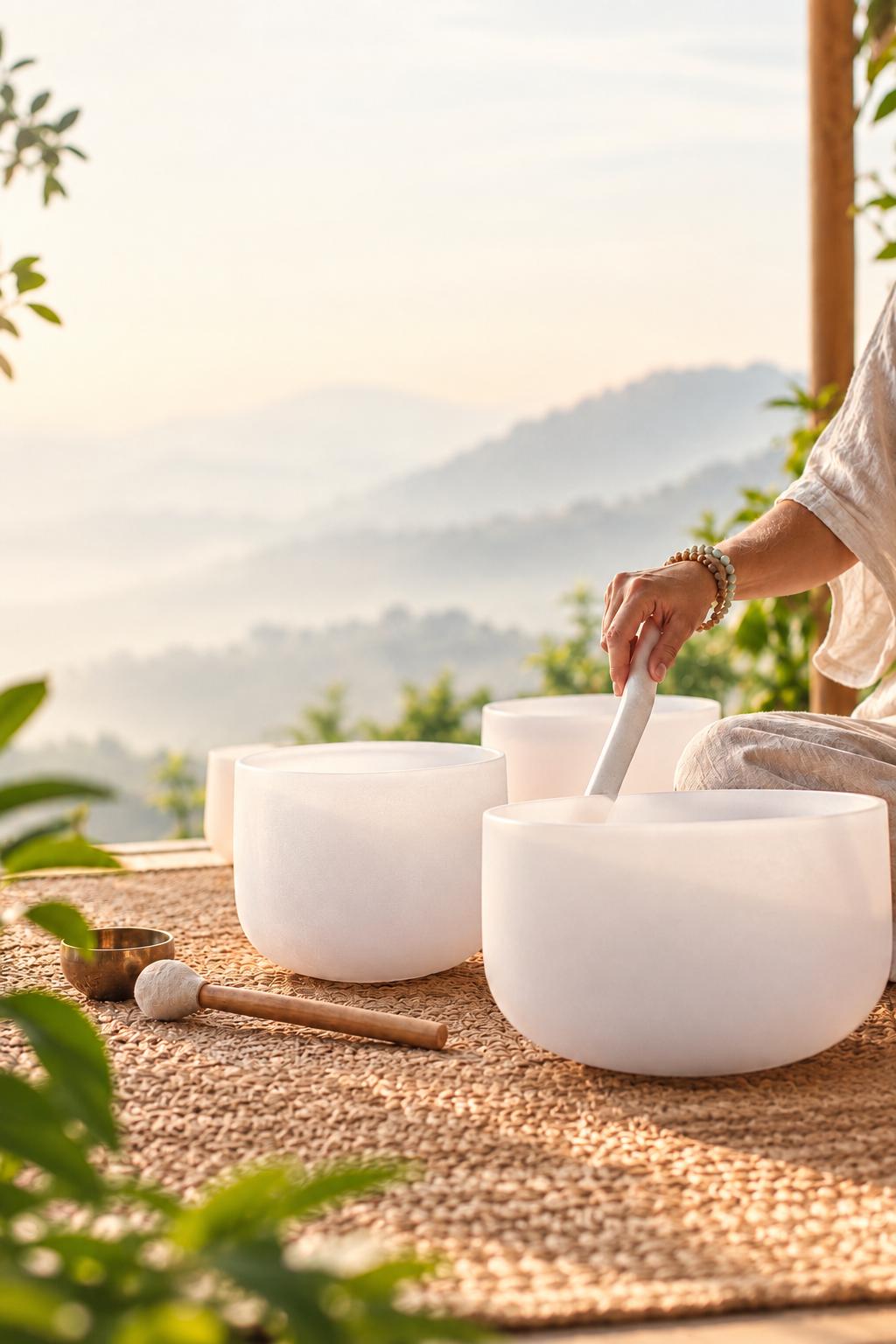 Crystal singing bowl class in Chiang Mai: a sound healing teacher plays white quartz crystal singing bowls on a woven mat overlooking misty mountains, ready for a sound bath